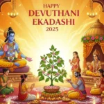 देवउठनी एकादशी 2025 पर भगवान विष्णु के जागने का पर्व, तुलसी विवाह के साथ भक्त पूजा करते हुए, रंगोली और दीपों से सजी हुई सजावट