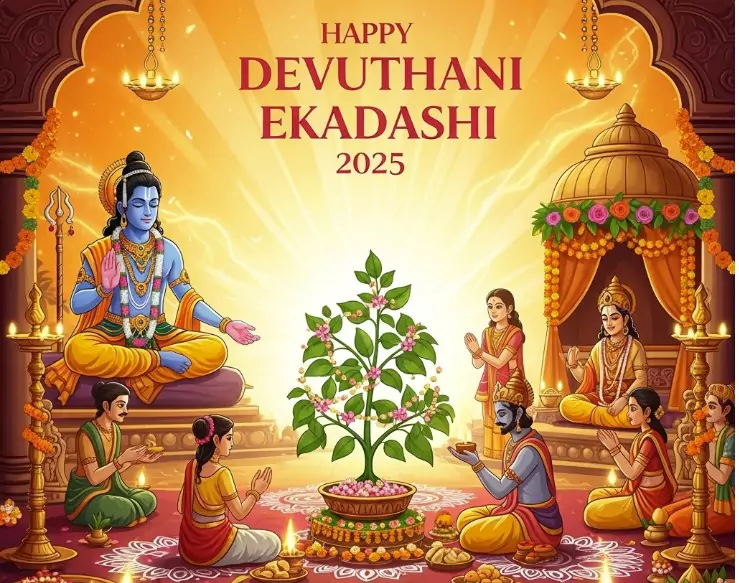 देवउठनी एकादशी 2025 पर भगवान विष्णु के जागने का पर्व, तुलसी विवाह के साथ भक्त पूजा करते हुए, रंगोली और दीपों से सजी हुई सजावट