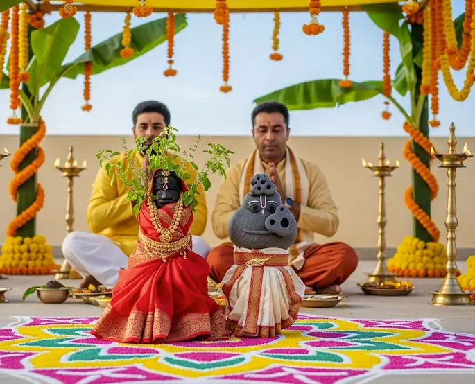 तुलसी विवाह 2025 में तुलसी माता और शालिग्राम जी के प्रतीकात्मक विवाह का दृश्य, मंडप में सजी रंगोली, फूलों और दीपों से सजी सजावट के साथ भक्त पूजा करते हुए