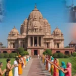 दिल्ली के प्रसिद्ध मंदिर जैसे अक्षरधाम, कालकाजी, छतरपुर, झंडेवाला, इस्कॉन और लक्ष्मी नारायण मंदिर की फोटो, भक्तों और धार्मिक माहौल के साथ