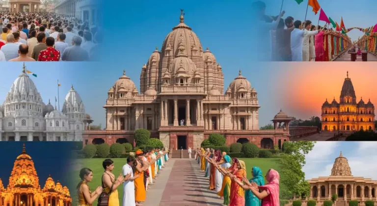 दिल्ली के प्रसिद्ध मंदिर जैसे अक्षरधाम, कालकाजी, छतरपुर, झंडेवाला, इस्कॉन और लक्ष्मी नारायण मंदिर की फोटो, भक्तों और धार्मिक माहौल के साथ