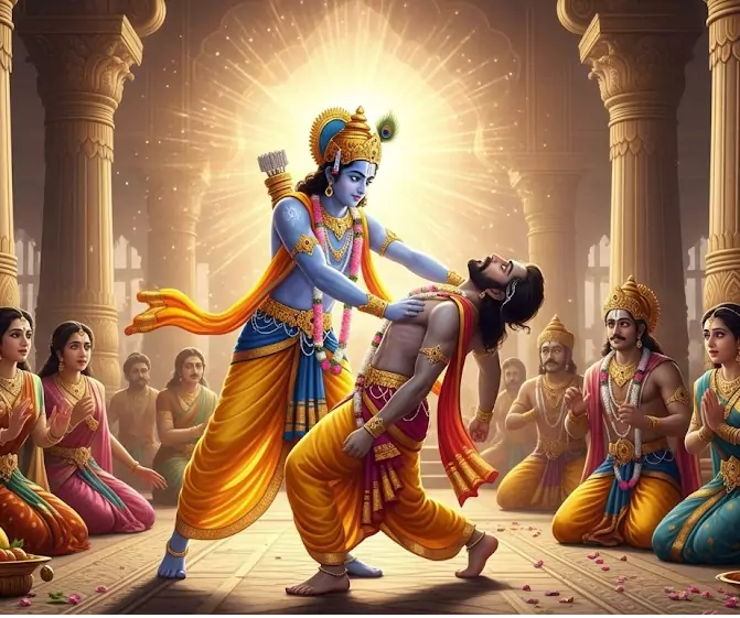 कंस वध चित्र — श्रीकृष्ण द्वारा कंस का वध करते हुए, मथुरा के राजदरबार में दिव्य दृश्य
