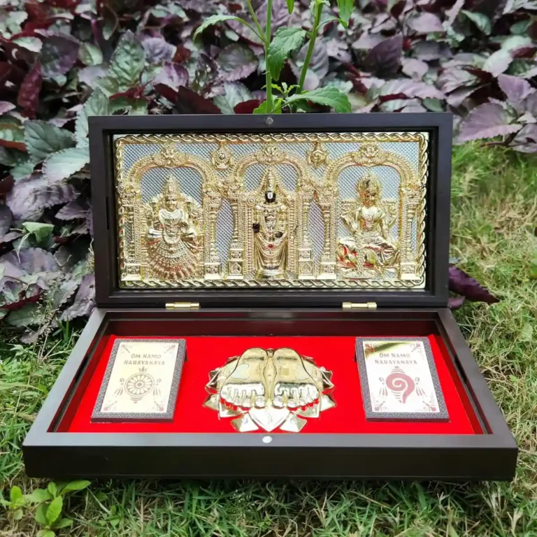 Gold Plated Balaji Padmavati Lakshmi Photo Frame with Charan Paduka